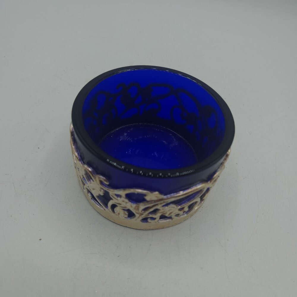 Vintage Cobalt Blue Glass Bowl with Silver Overlay 3.5" Wide - Picture 6 of 6